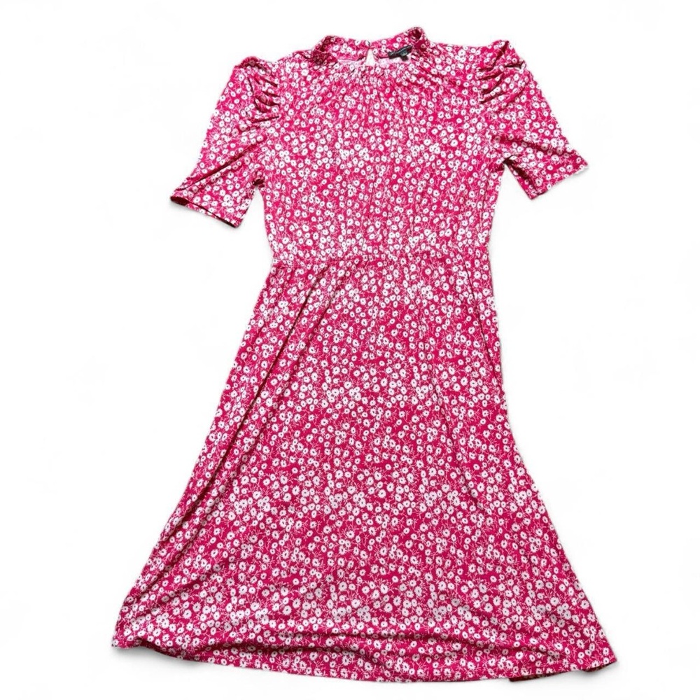 Adrianna Papell Pink Floral Puff Sleeve Smocked Midi Dress Cottagecore Size L - Picture 2 of 4